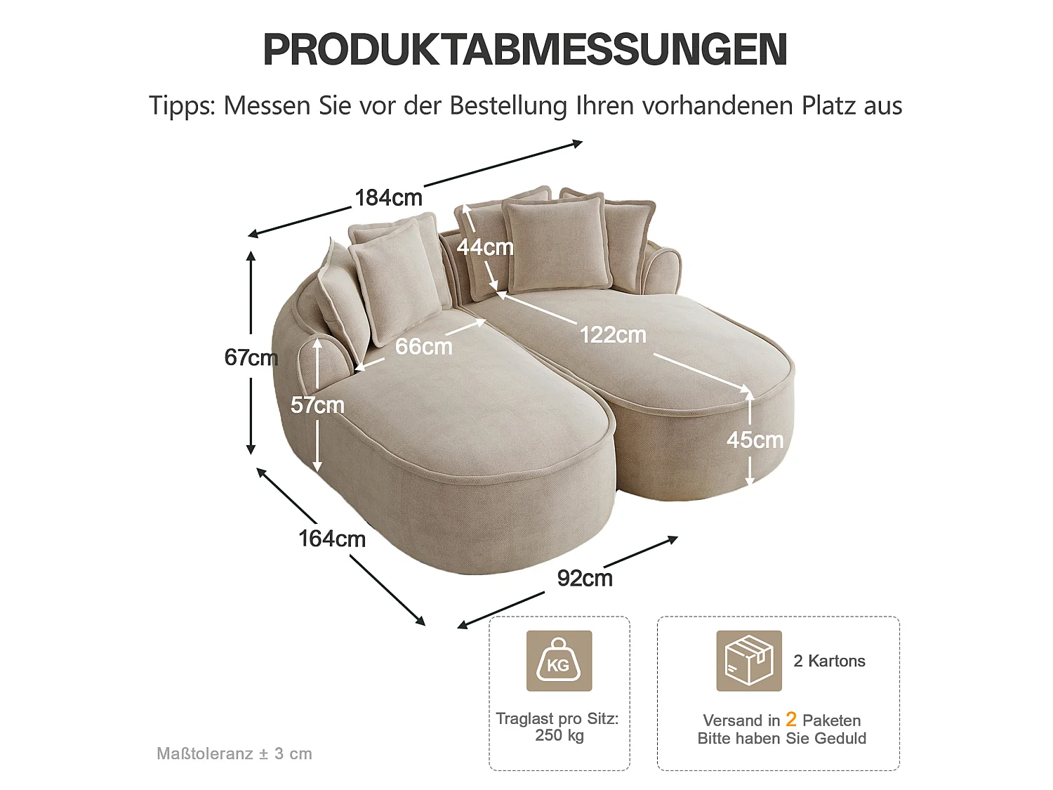 2-osobowa sofa modułowa z poduszkami oparciowymi, szenil, kolor taupe, 184x164x92 cm