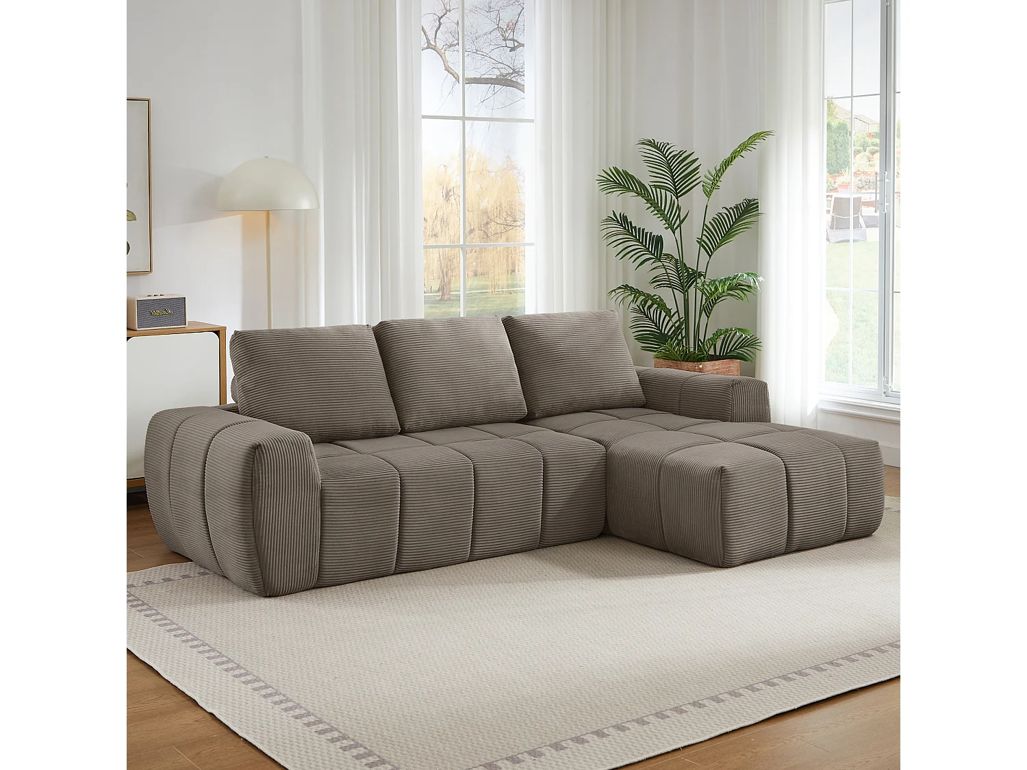 Canapé d'angle 4 places avec coussin d'assise amovible, design segmenté, sans montage, en velours côtelé, taupe