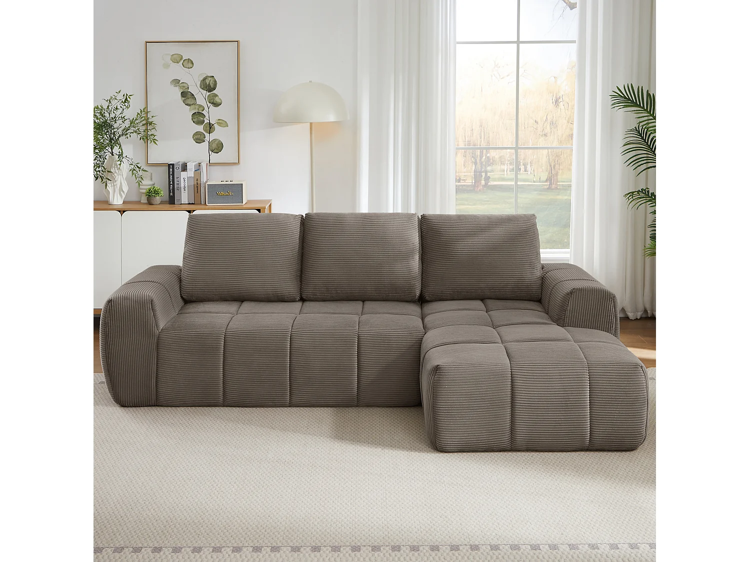 Canapé d'angle 4 places avec coussin d'assise amovible, design segmenté, sans montage, en velours côtelé, taupe