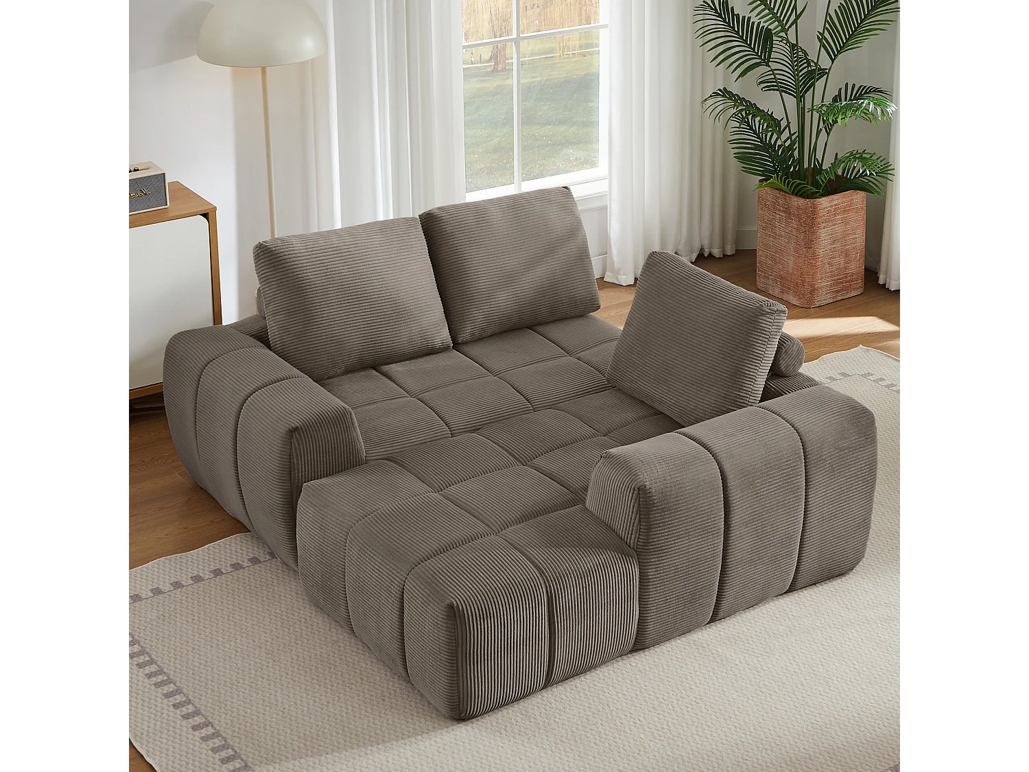 Canapé d'angle 4 places avec coussin d'assise amovible, design segmenté, sans montage, en velours côtelé, taupe