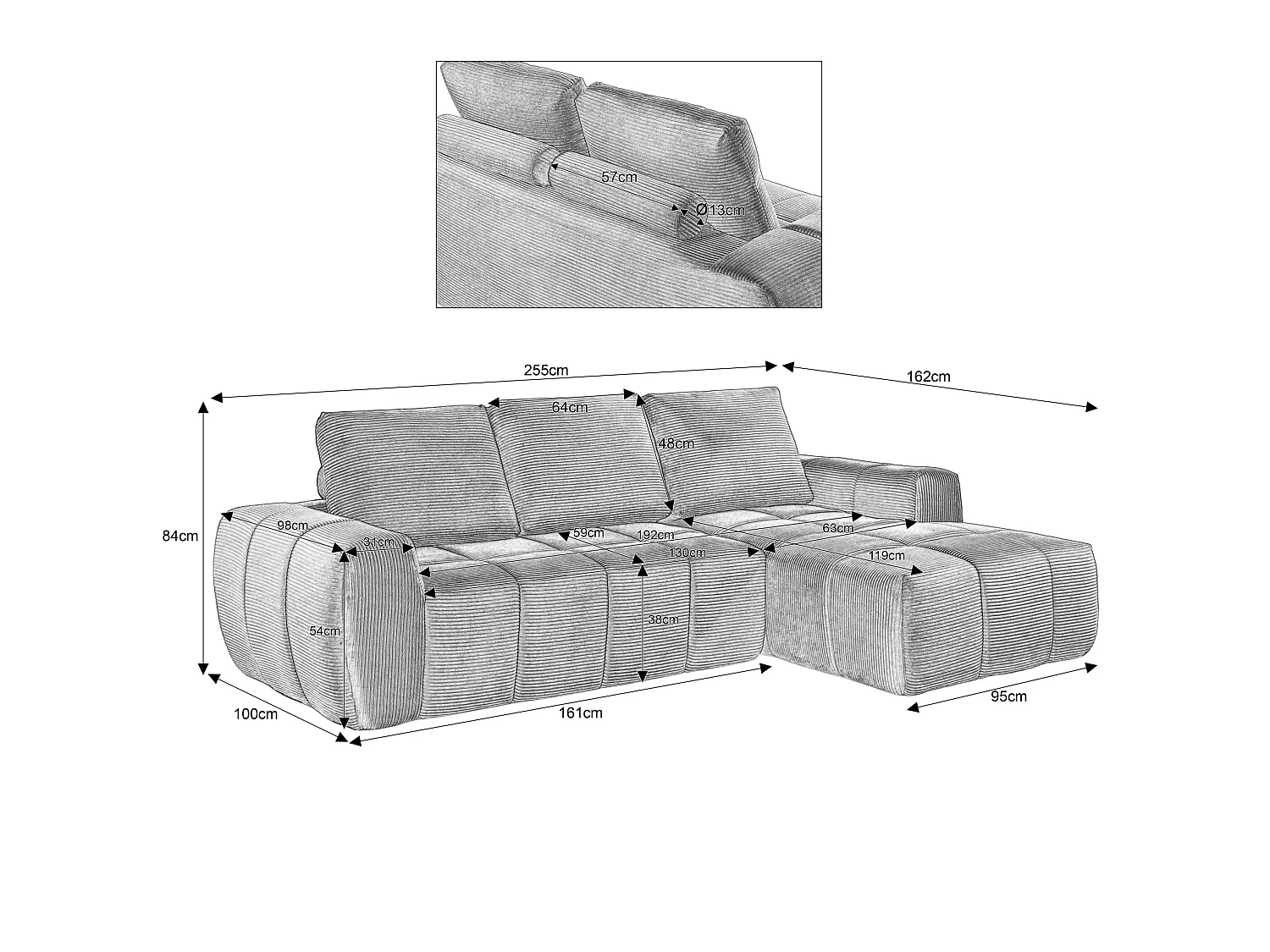 Canapé d'angle 4 places avec coussin d'assise amovible, design segmenté, sans montage, en velours côtelé, taupe