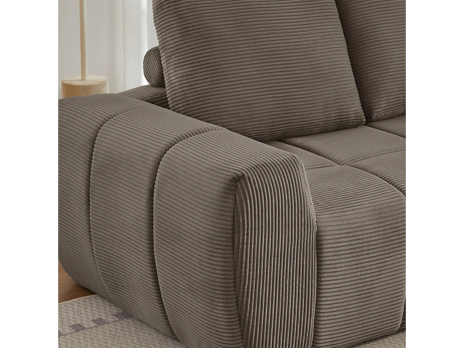 Canapé d'angle 4 places avec coussin d'assise amovible, design segmenté, sans montage, en velours côtelé, taupe