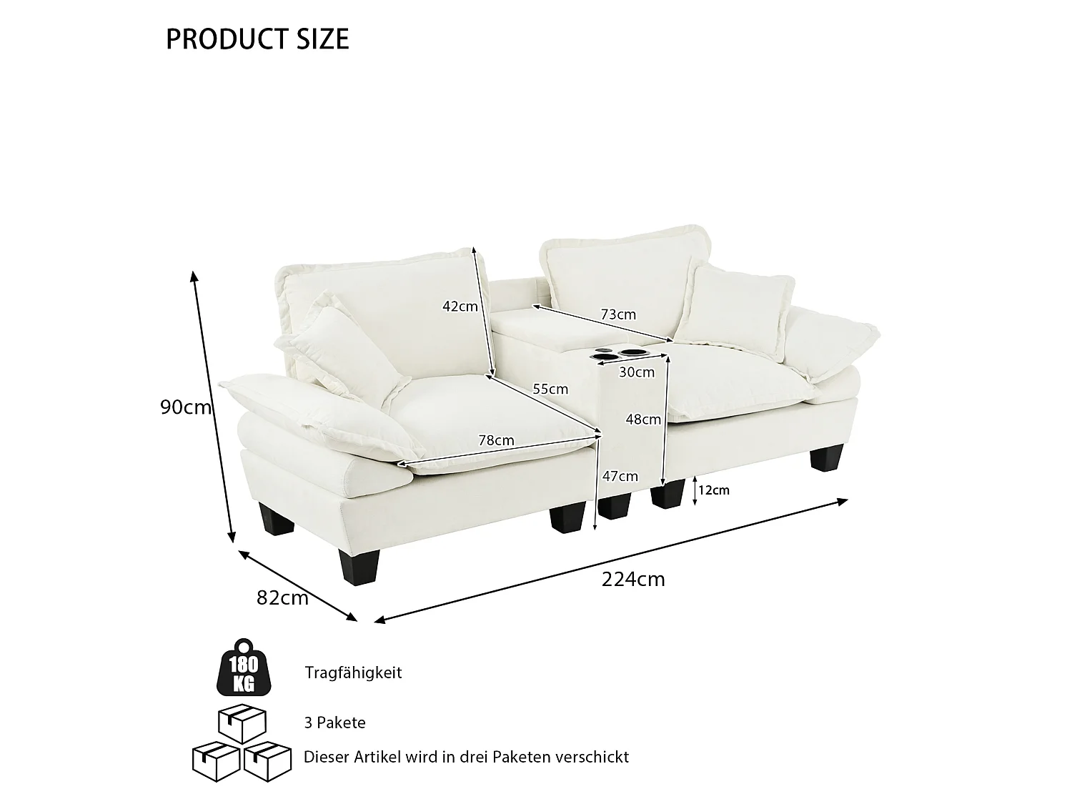 Sofá modular recto de 2 plazas en chenilla beige, con almacenamiento, portavasos y puertos USB