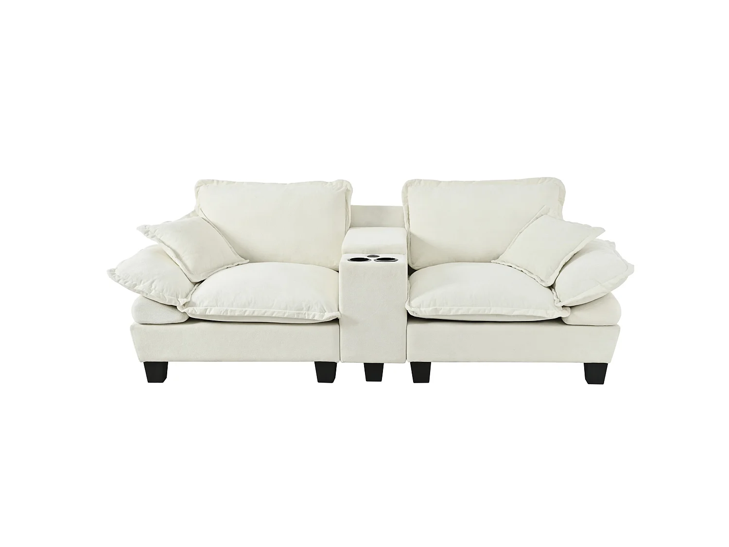 Sofá modular recto de 2 plazas en chenilla beige, con almacenamiento, portavasos y puertos USB