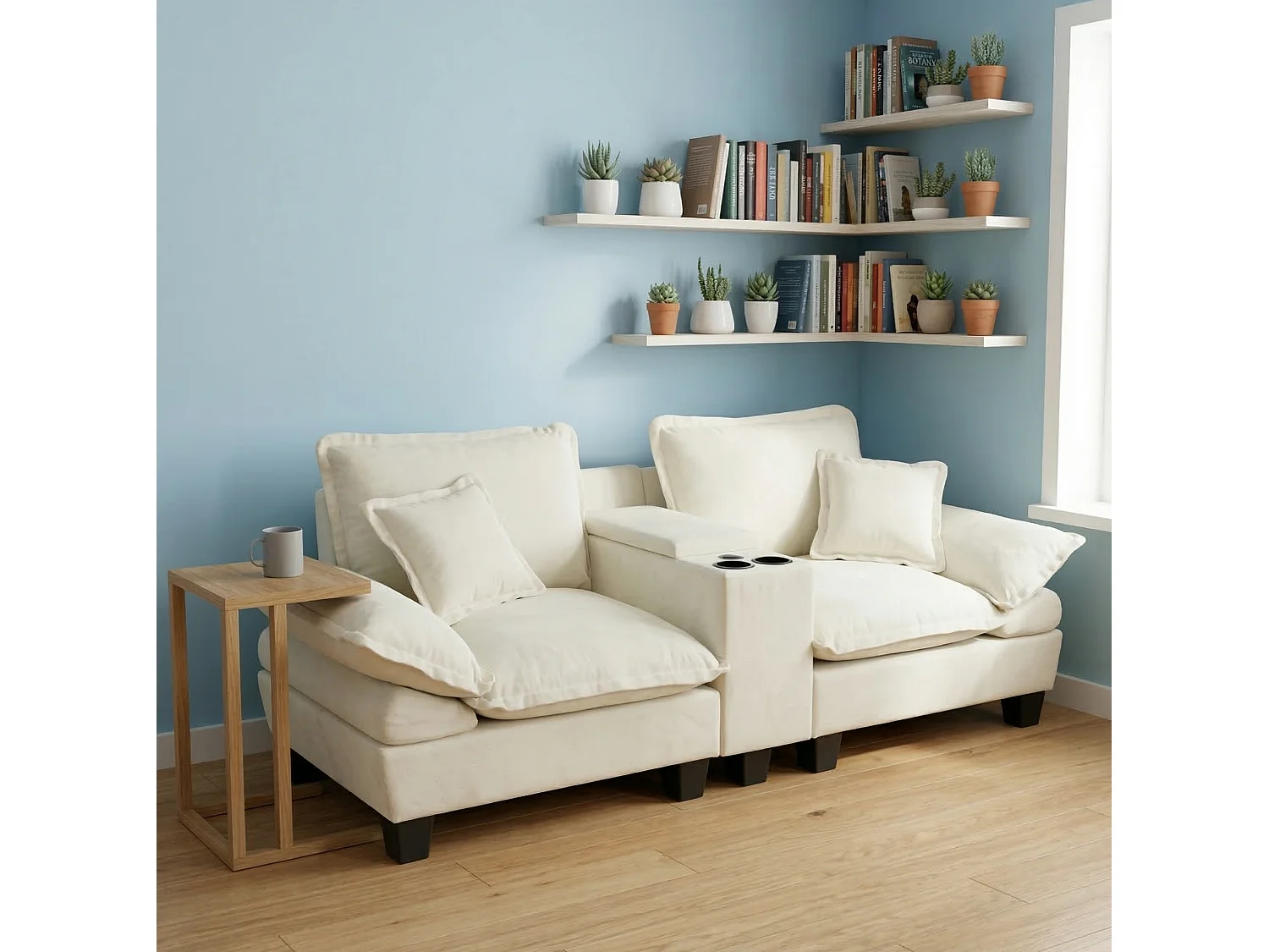 Sofá modular recto de 2 plazas en chenilla beige, con almacenamiento, portavasos y puertos USB