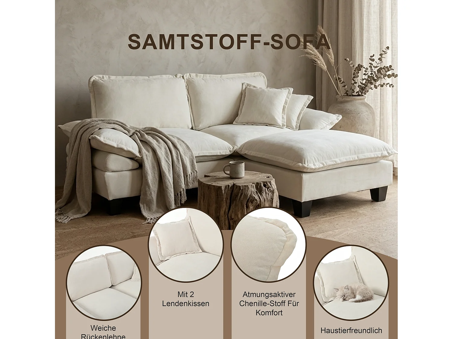 Sofá modular recto de 2 plazas en chenilla beige, con almacenamiento, portavasos y puertos USB