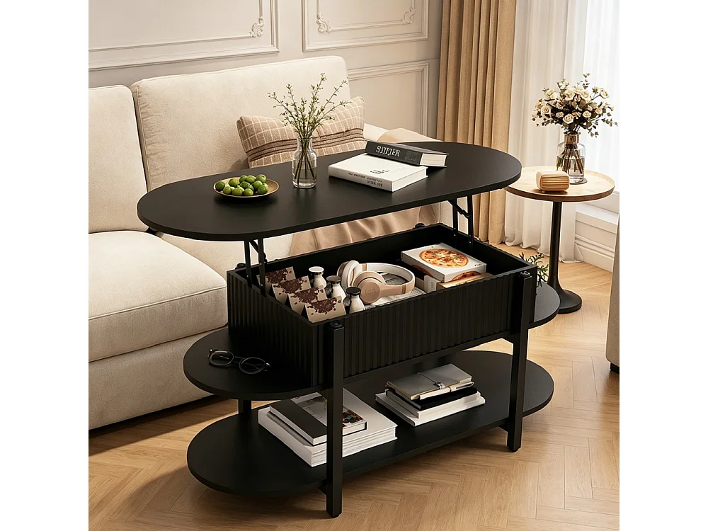 Table basse ovale avec ascenseur - 106 x 45 x 50 cm - Table à thé à 3 niveaux avec espace de rangement caché - noir