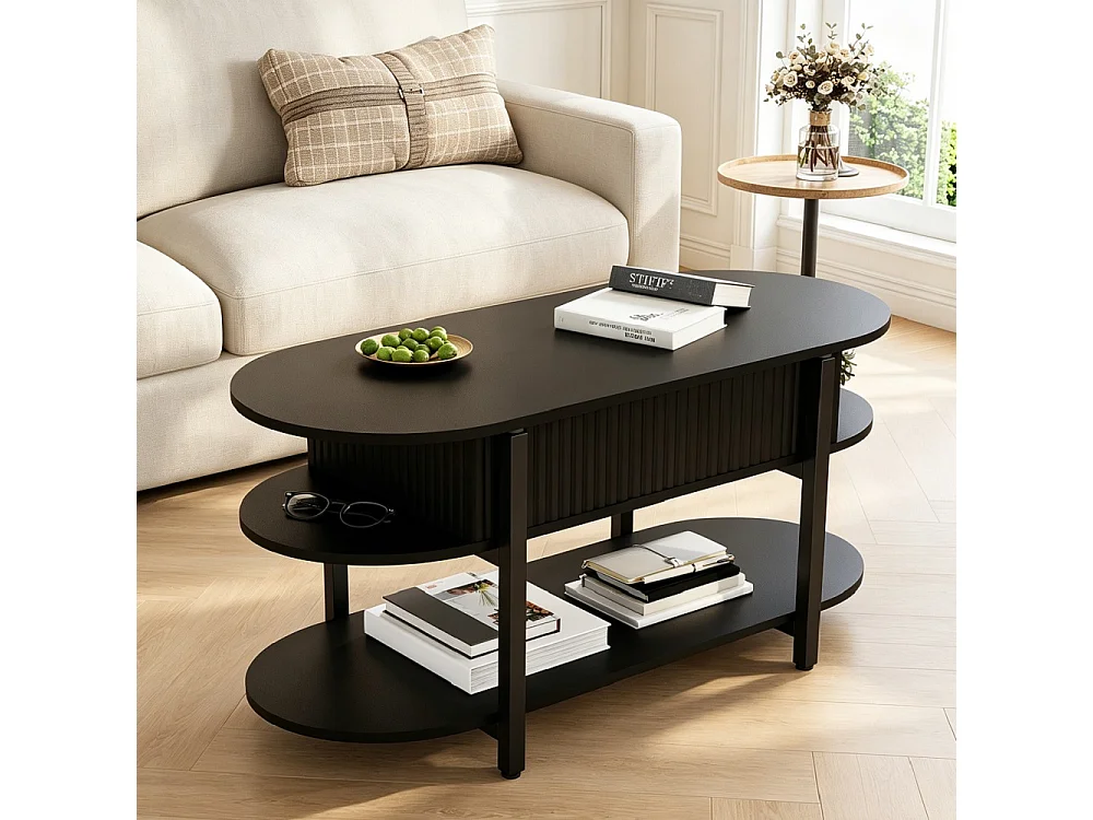 Table basse ovale avec ascenseur - 106 x 45 x 50 cm - Table à thé à 3 niveaux avec espace de rangement caché - noir