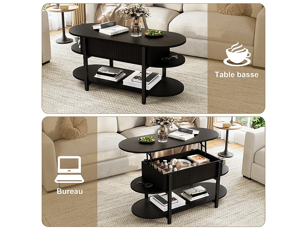 Table basse ovale avec ascenseur - 106 x 45 x 50 cm - Table à thé à 3 niveaux avec espace de rangement caché - noir