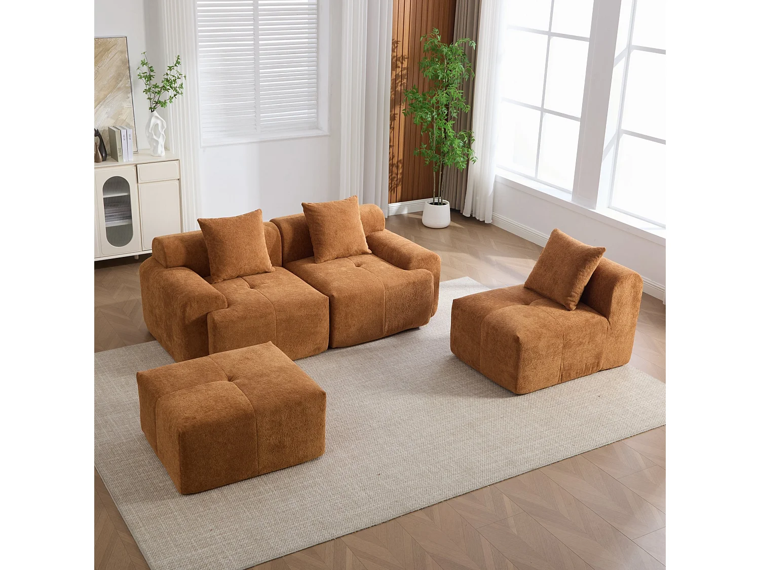 Canapé d'angle modulable 3 places avec pouf, en tissu, orange