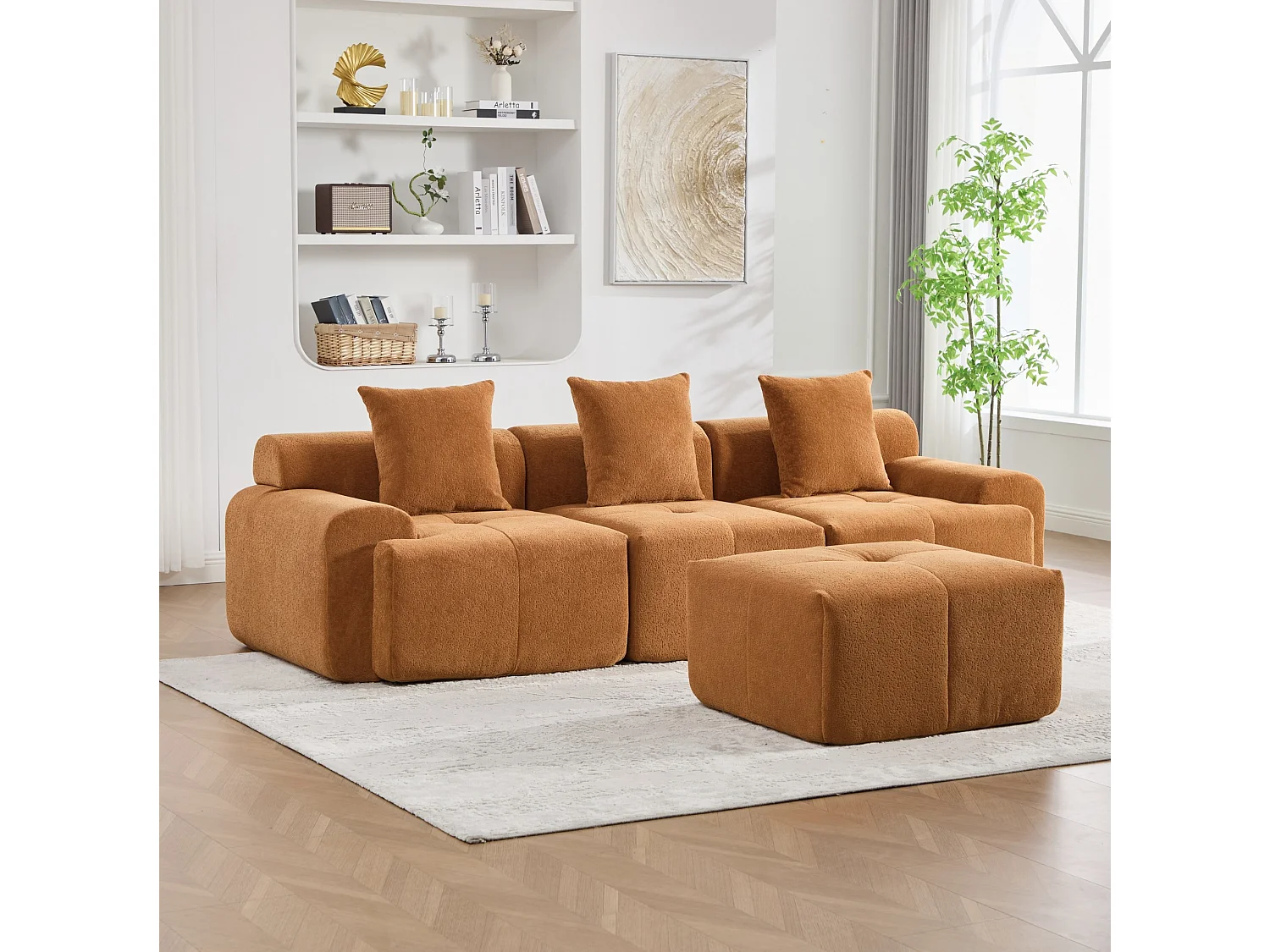 Canapé d'angle modulable 3 places avec pouf, en tissu, orange
