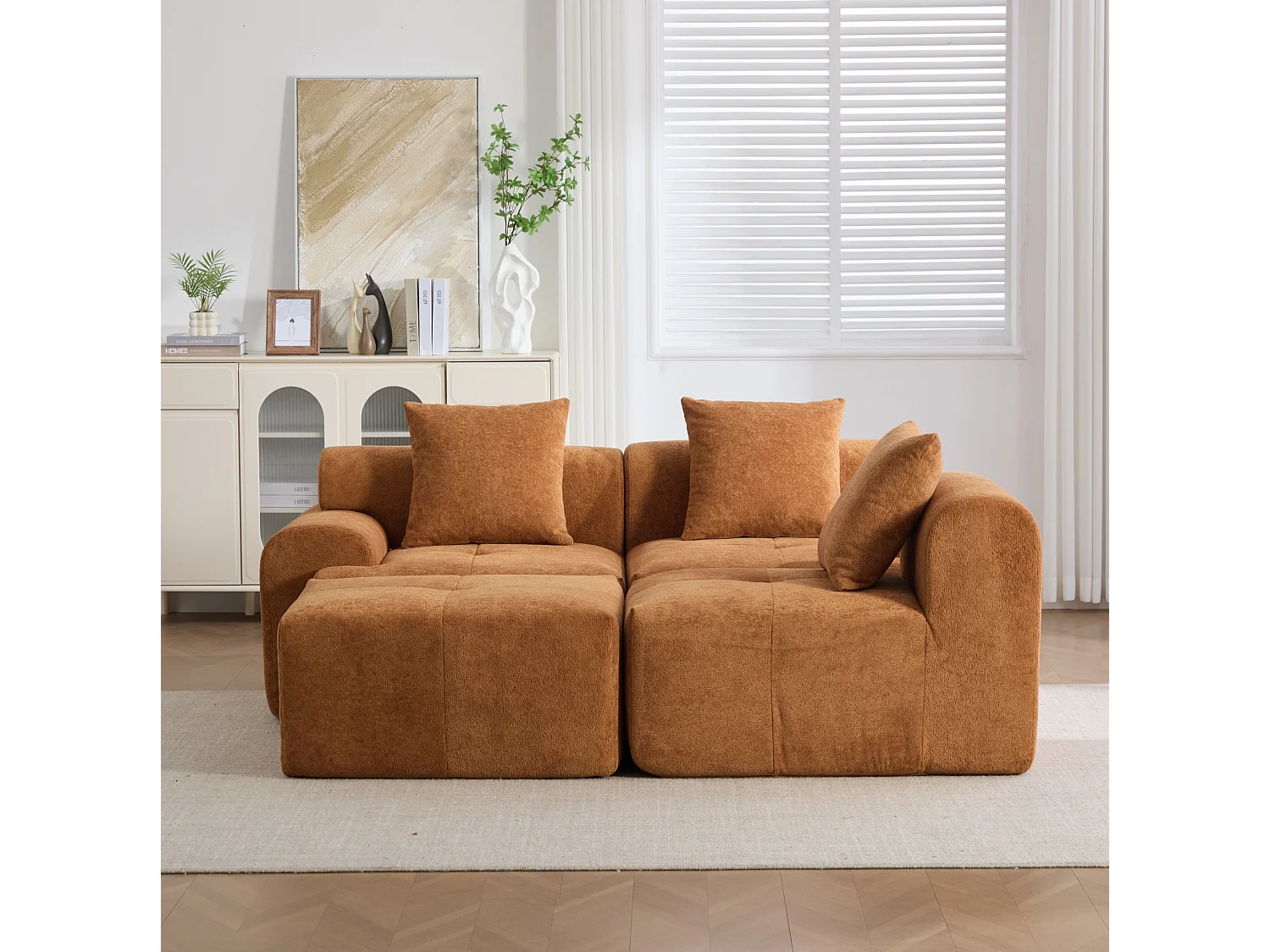 Canapé d'angle modulable 3 places avec pouf, en tissu, orange