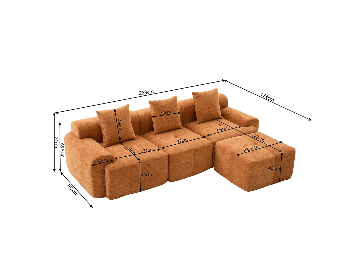 Canapé d'angle modulable 3 places avec pouf, en tissu, orange