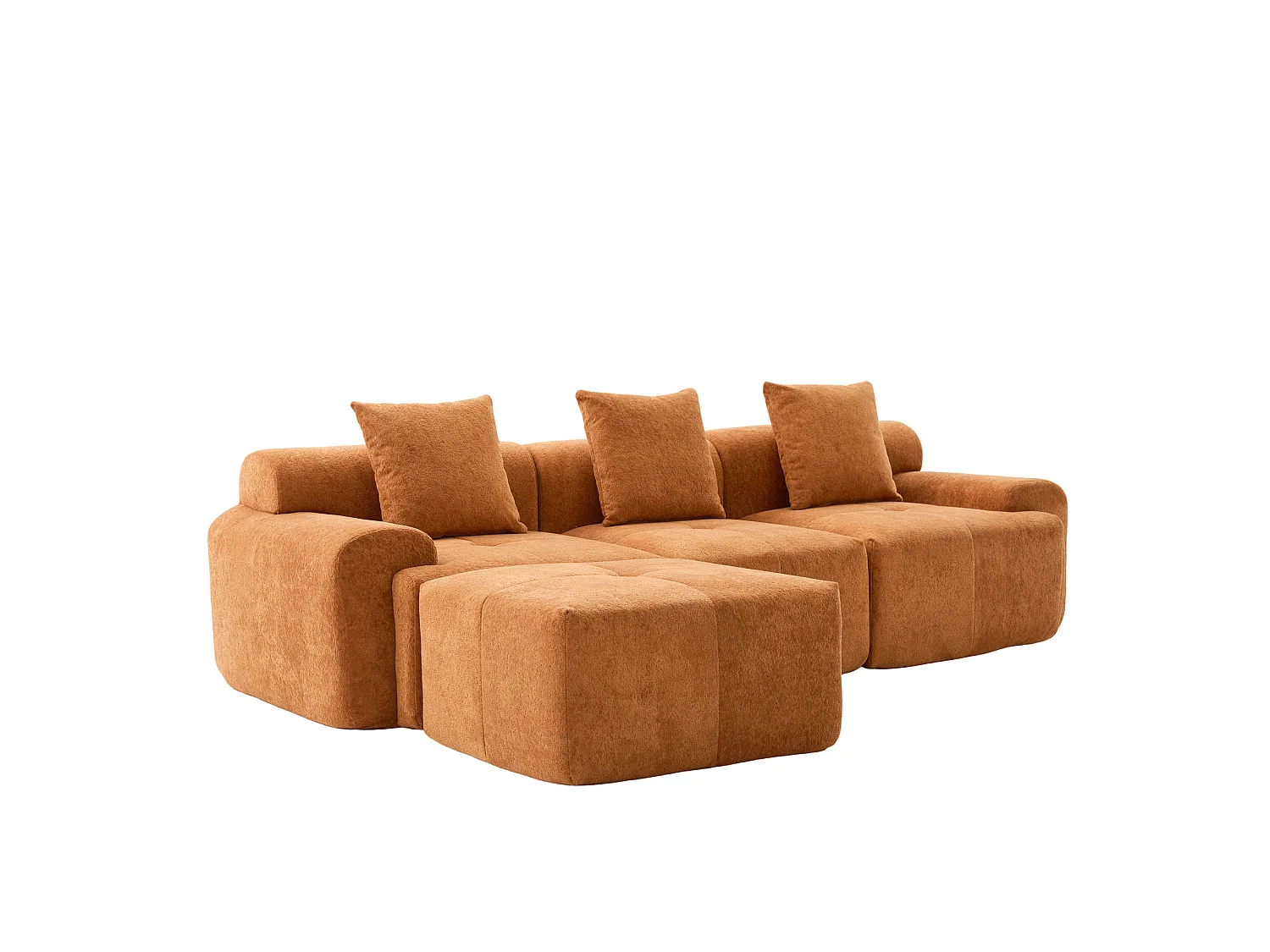 Canapé d'angle modulable 3 places avec pouf, en tissu, orange