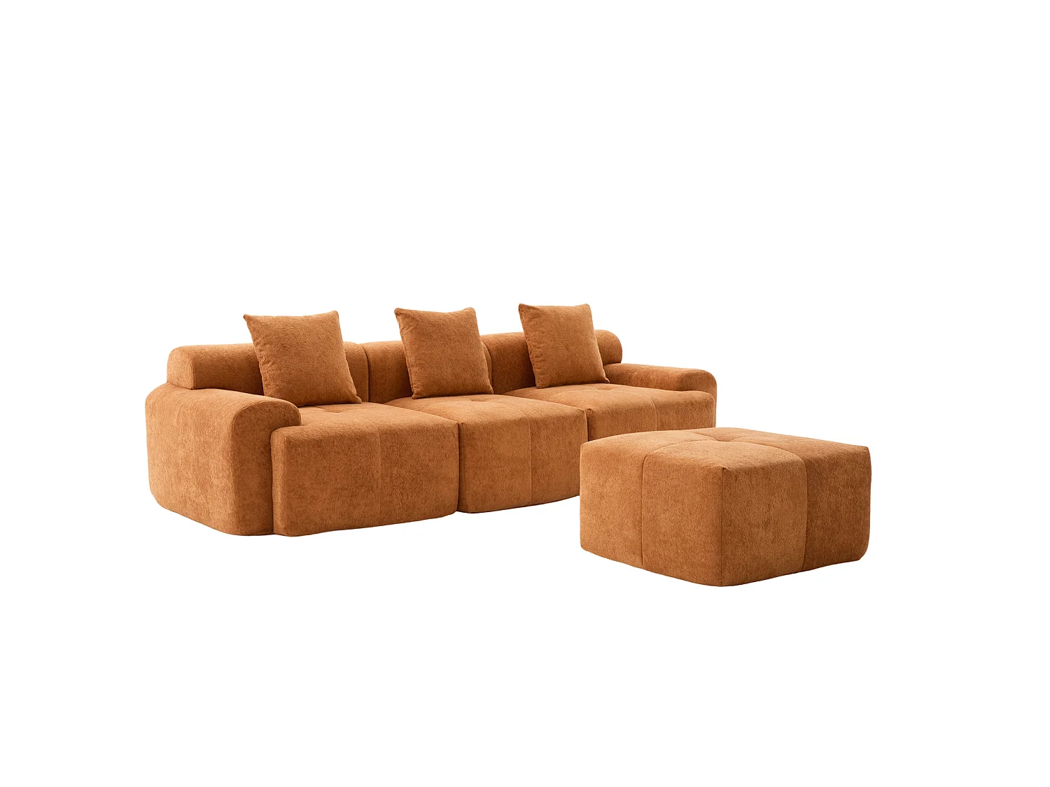 Canapé d'angle modulable 3 places avec pouf, en tissu, orange