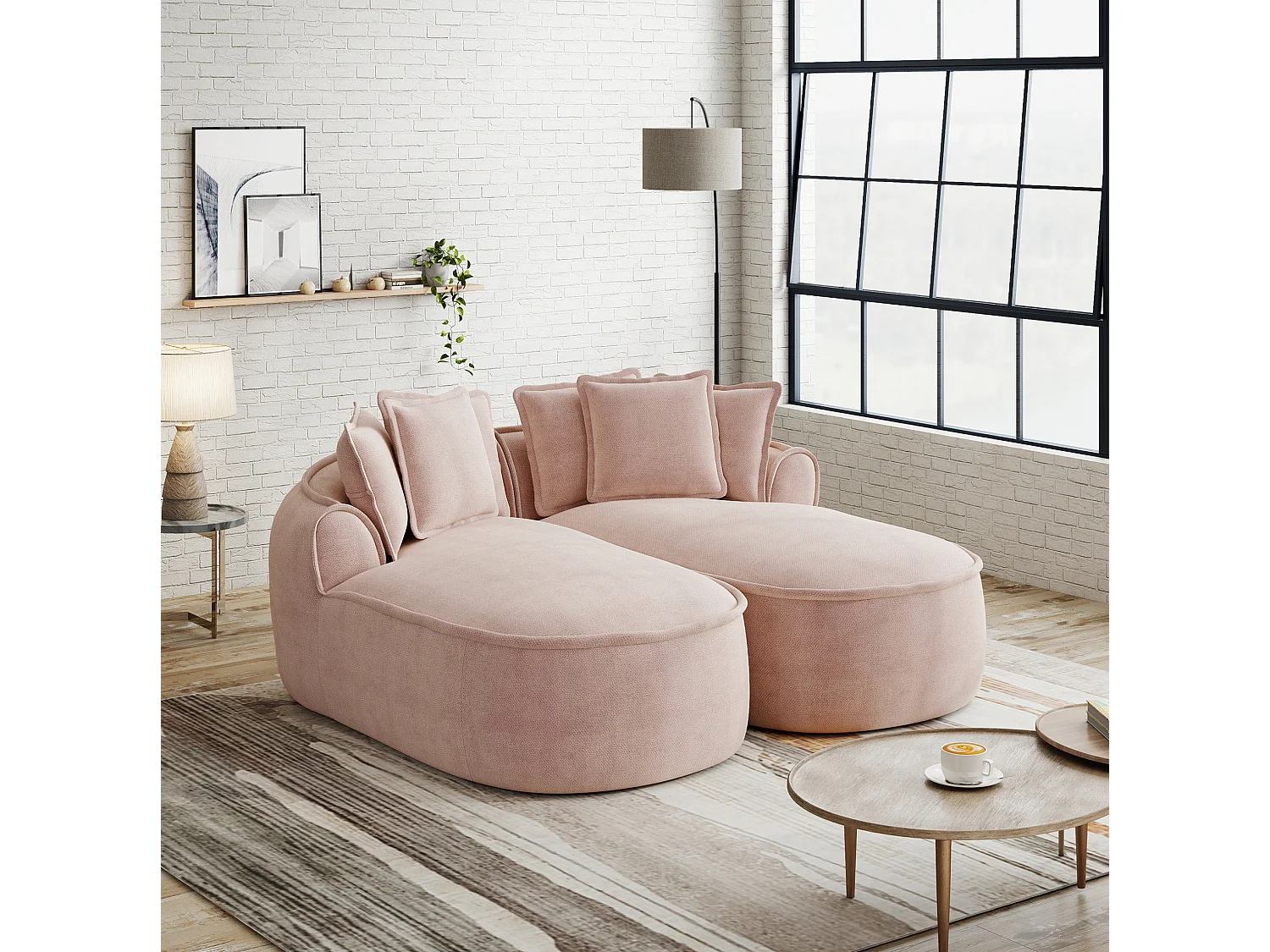 Canapé modulable 2 places avec coussins de dossier, en chenille, rose, 184x164x92 cm