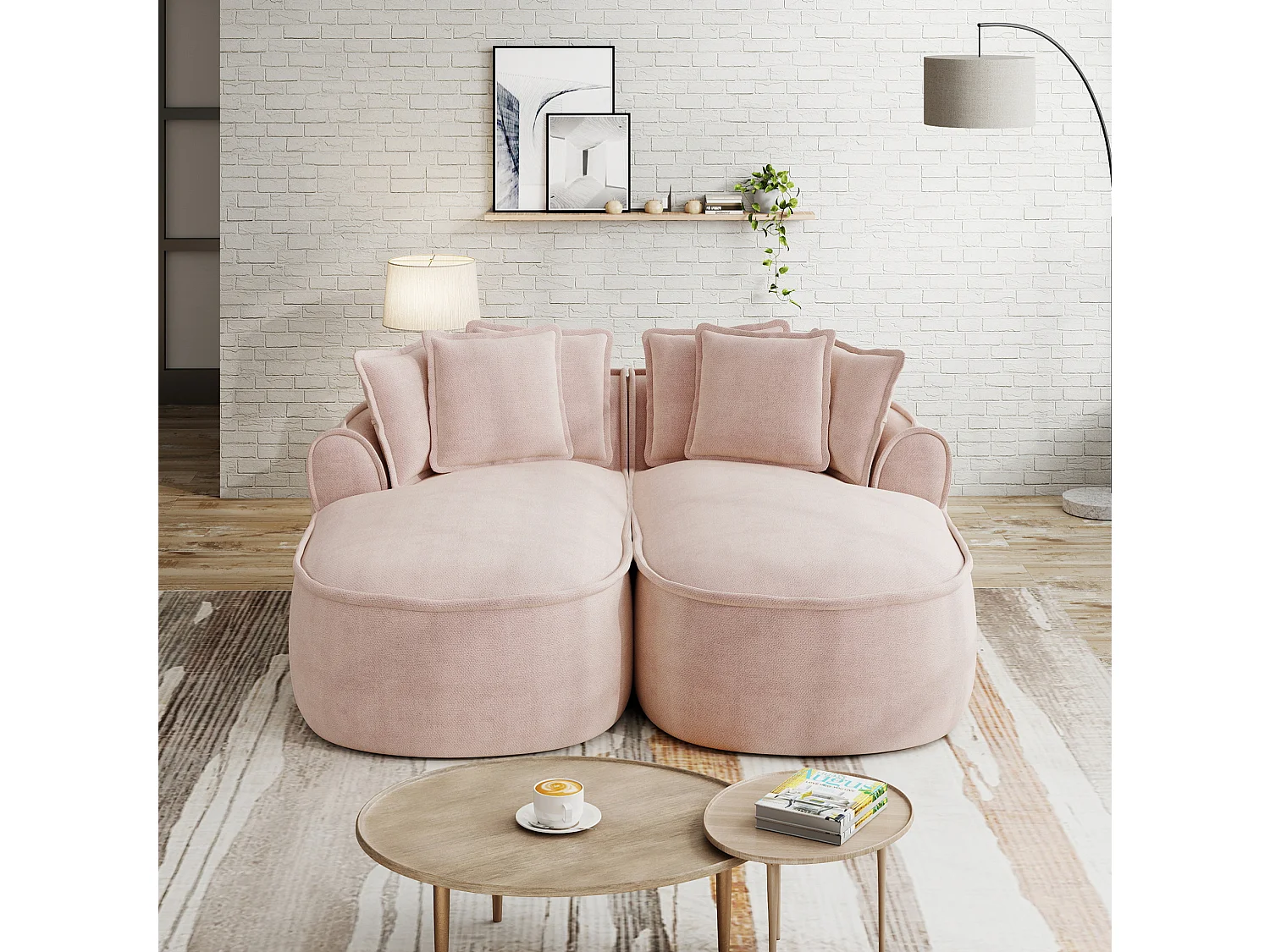 Canapé modulable 2 places avec coussins de dossier, en chenille, rose, 184x164x92 cm