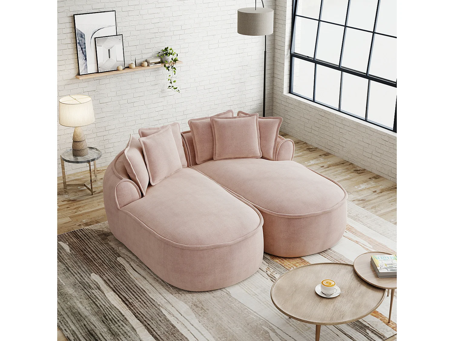Canapé modulable 2 places avec coussins de dossier, en chenille, rose, 184x164x92 cm