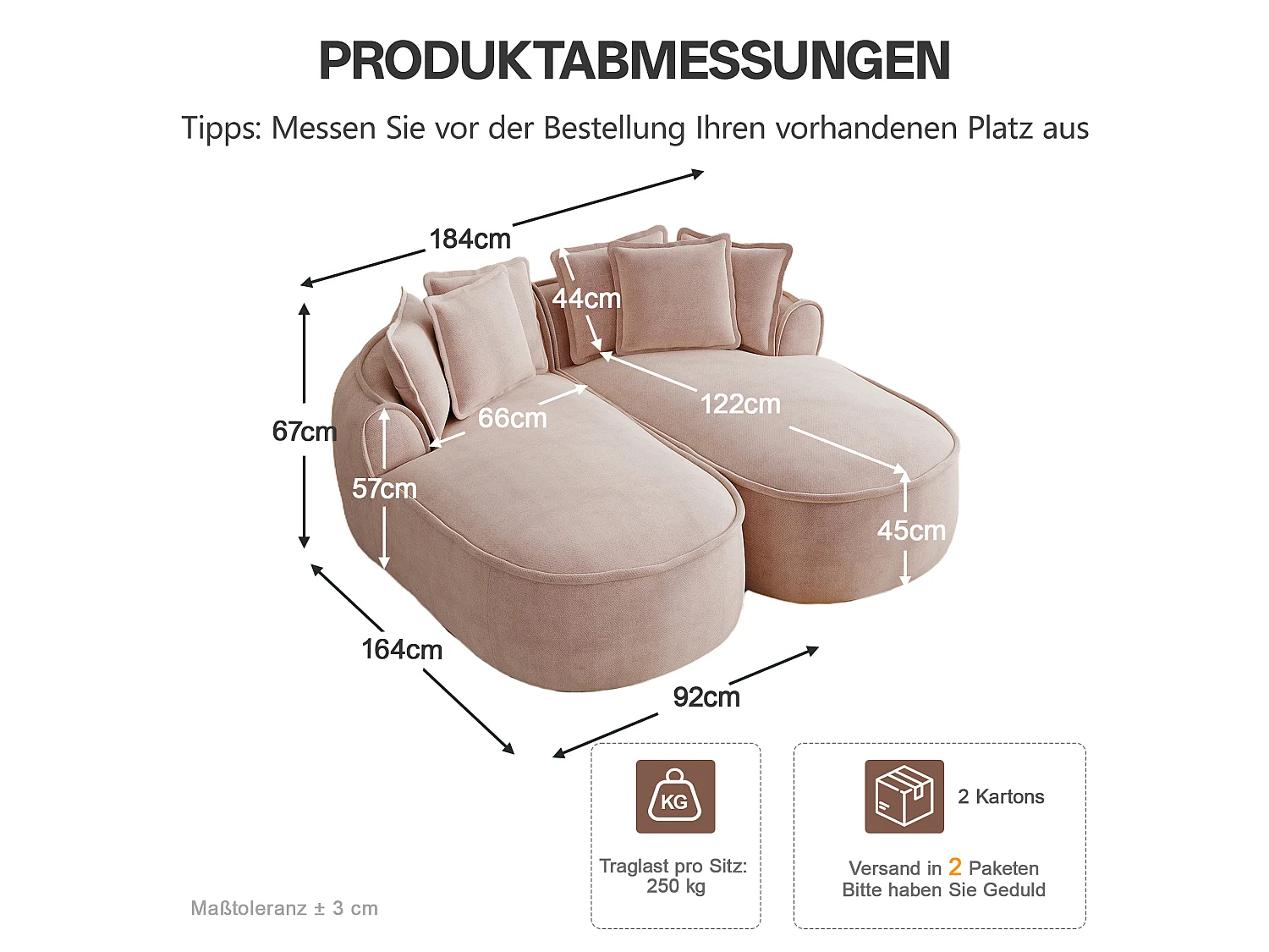 Canapé modulable 2 places avec coussins de dossier, en chenille, rose, 184x164x92 cm