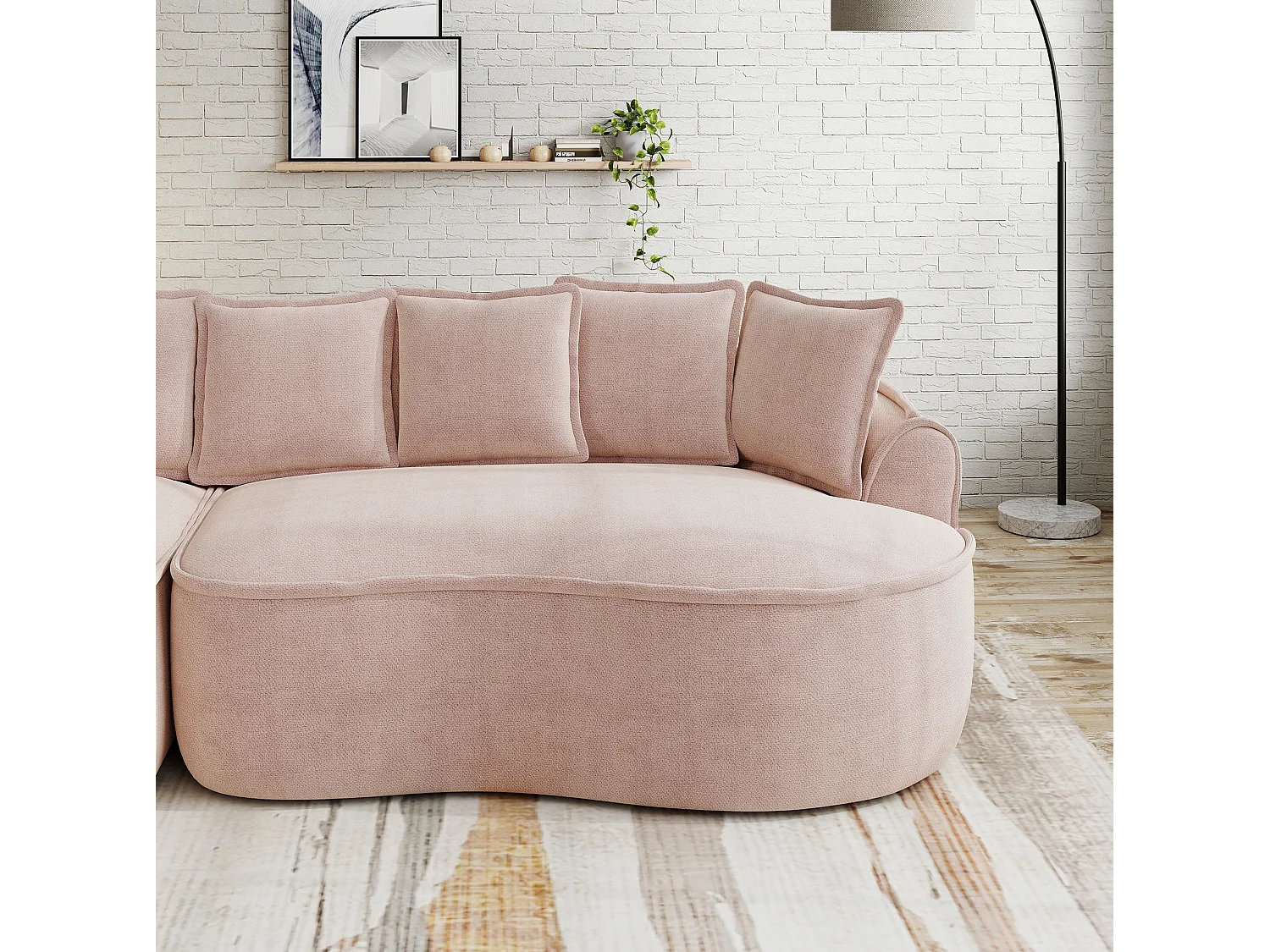 Canapé modulable 2 places avec coussins de dossier, en chenille, rose, 184x164x92 cm