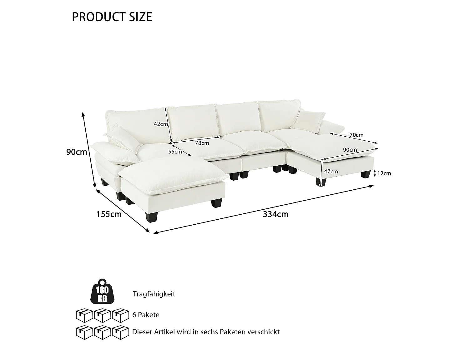 4-osobowa sofa modułowa w kształcie U z ruchomymi pufami, z beżowej tkaniny szenilowej