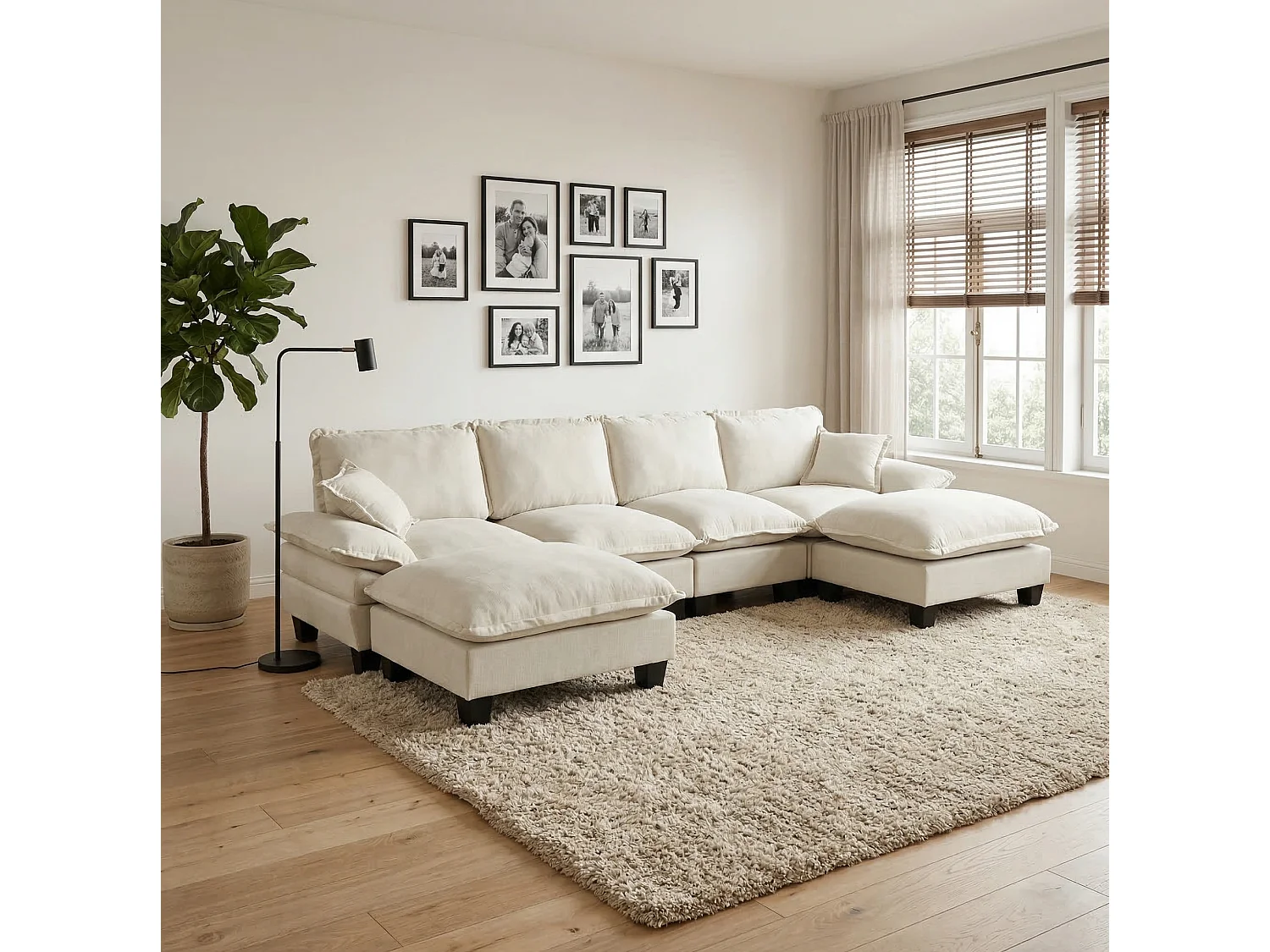4-osobowa sofa modułowa w kształcie U z ruchomymi pufami, z beżowej tkaniny szenilowej