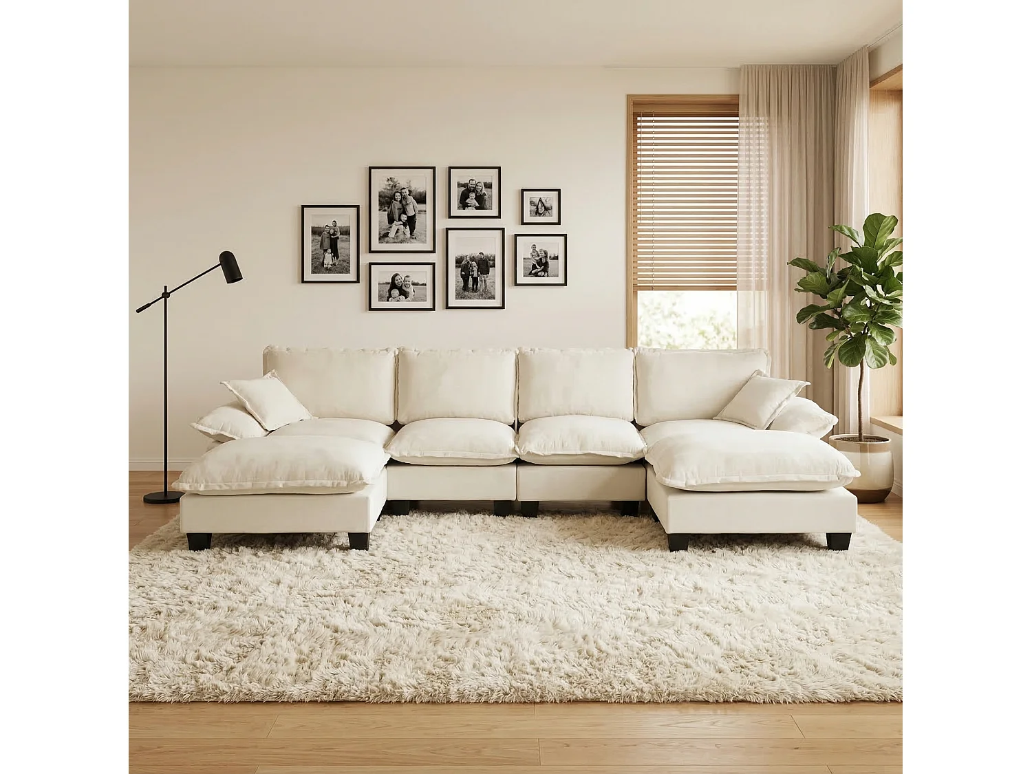 4-osobowa sofa modułowa w kształcie U z ruchomymi pufami, z beżowej tkaniny szenilowej