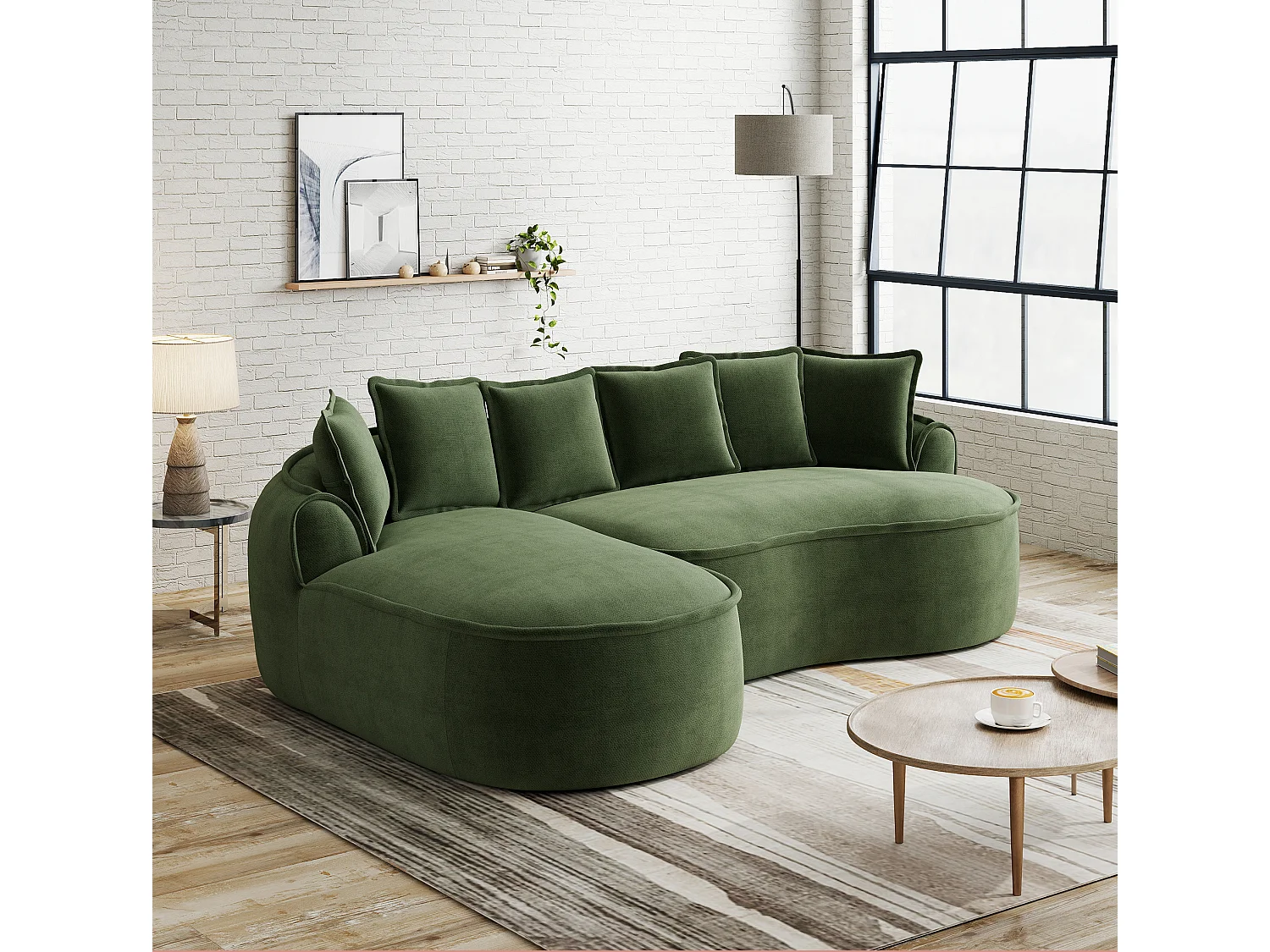 3-osobowa sofa narożna prawostronna z poduszkami oparciowymi i głębokim siedziskiem, z zielonej tkaniny szenilowej, 252 × 164 × 67 cm