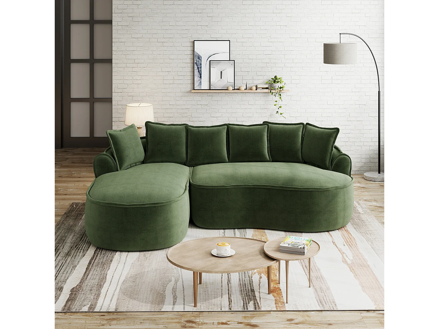 3-osobowa sofa narożna prawostronna z poduszkami oparciowymi i głębokim siedziskiem, z zielonej tkaniny szenilowej, 252 × 164 × 67 cm