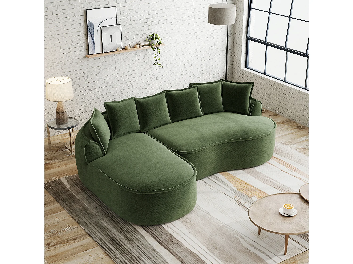3-osobowa sofa narożna prawostronna z poduszkami oparciowymi i głębokim siedziskiem, z zielonej tkaniny szenilowej, 252 × 164 × 67 cm