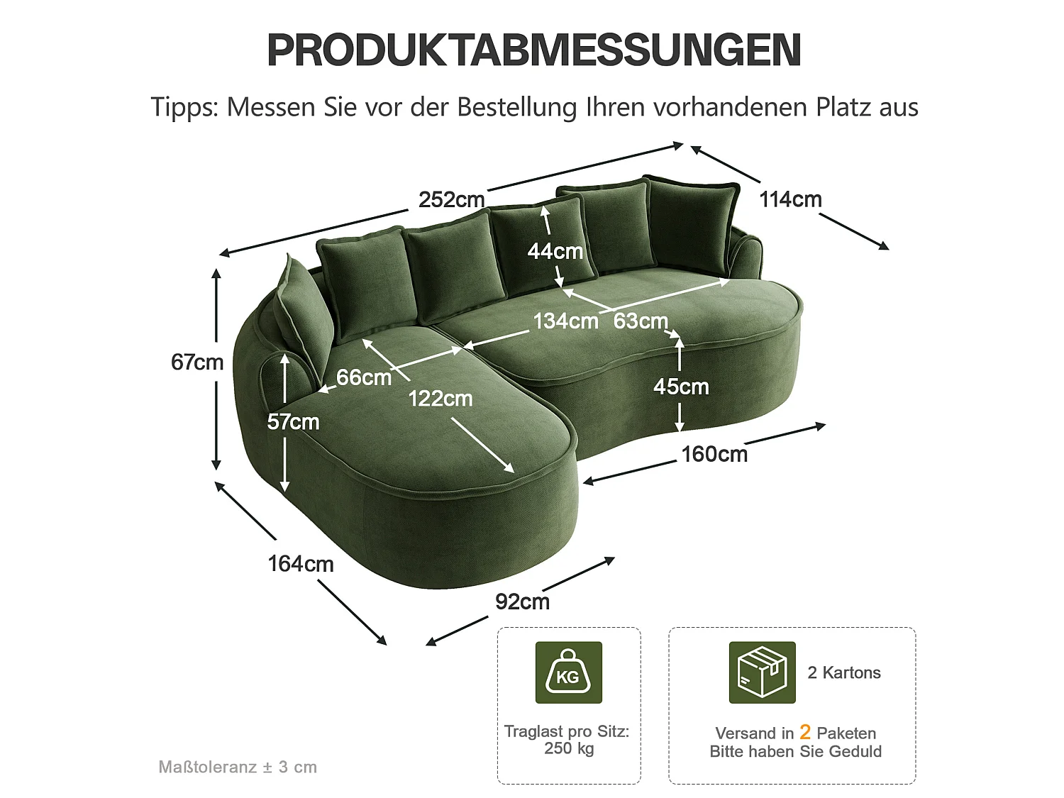 3-osobowa sofa narożna prawostronna z poduszkami oparciowymi i głębokim siedziskiem, z zielonej tkaniny szenilowej, 252 × 164 × 67 cm