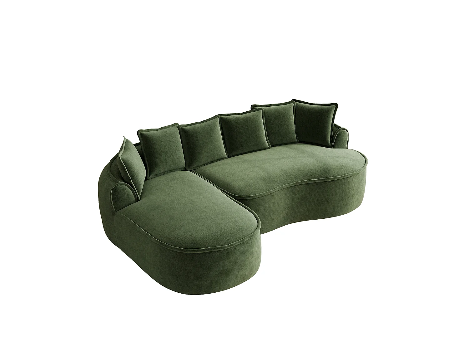 3-osobowa sofa narożna prawostronna z poduszkami oparciowymi i głębokim siedziskiem, z zielonej tkaniny szenilowej, 252 × 164 × 67 cm