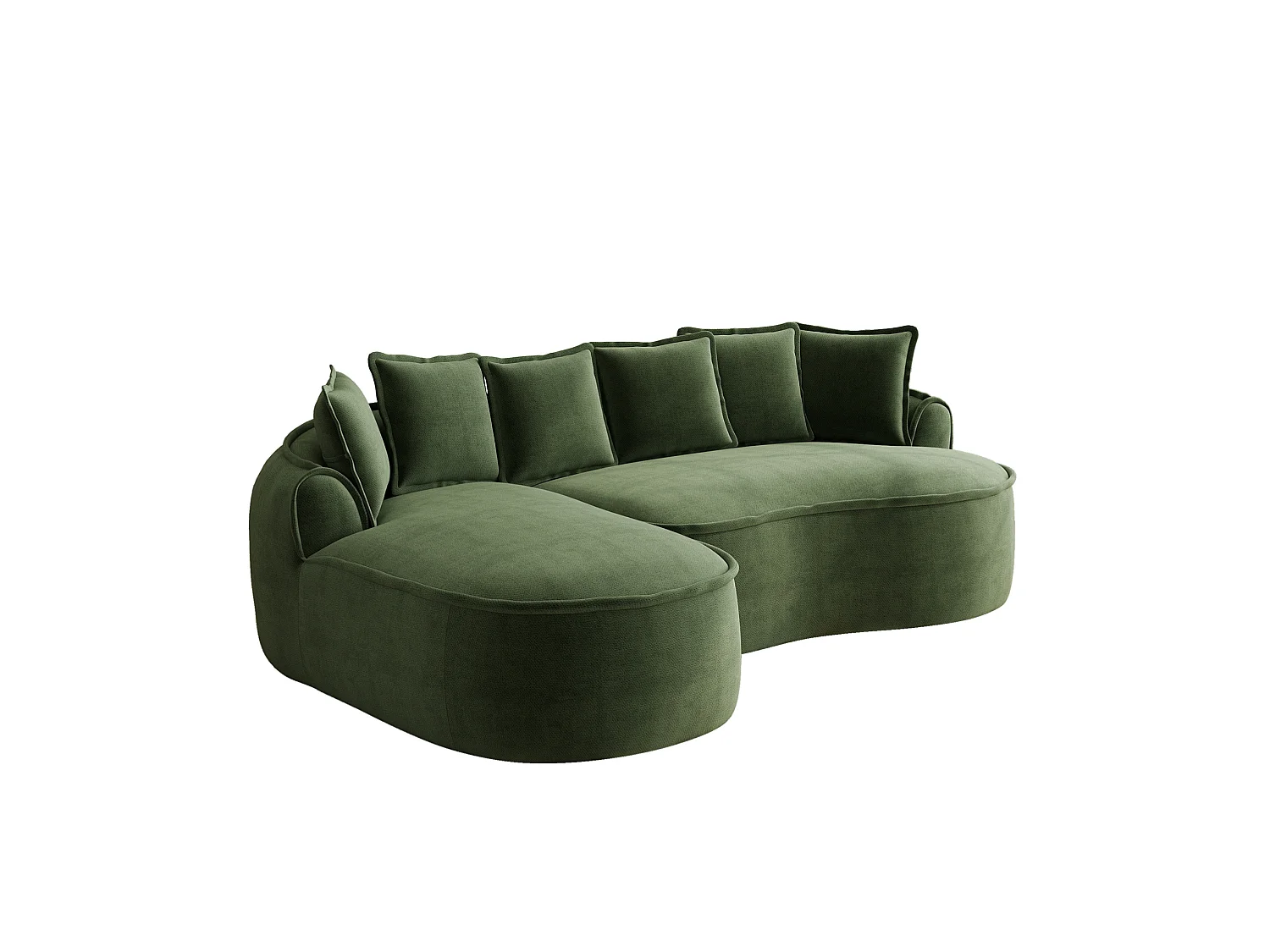3-osobowa sofa narożna prawostronna z poduszkami oparciowymi i głębokim siedziskiem, z zielonej tkaniny szenilowej, 252 × 164 × 67 cm