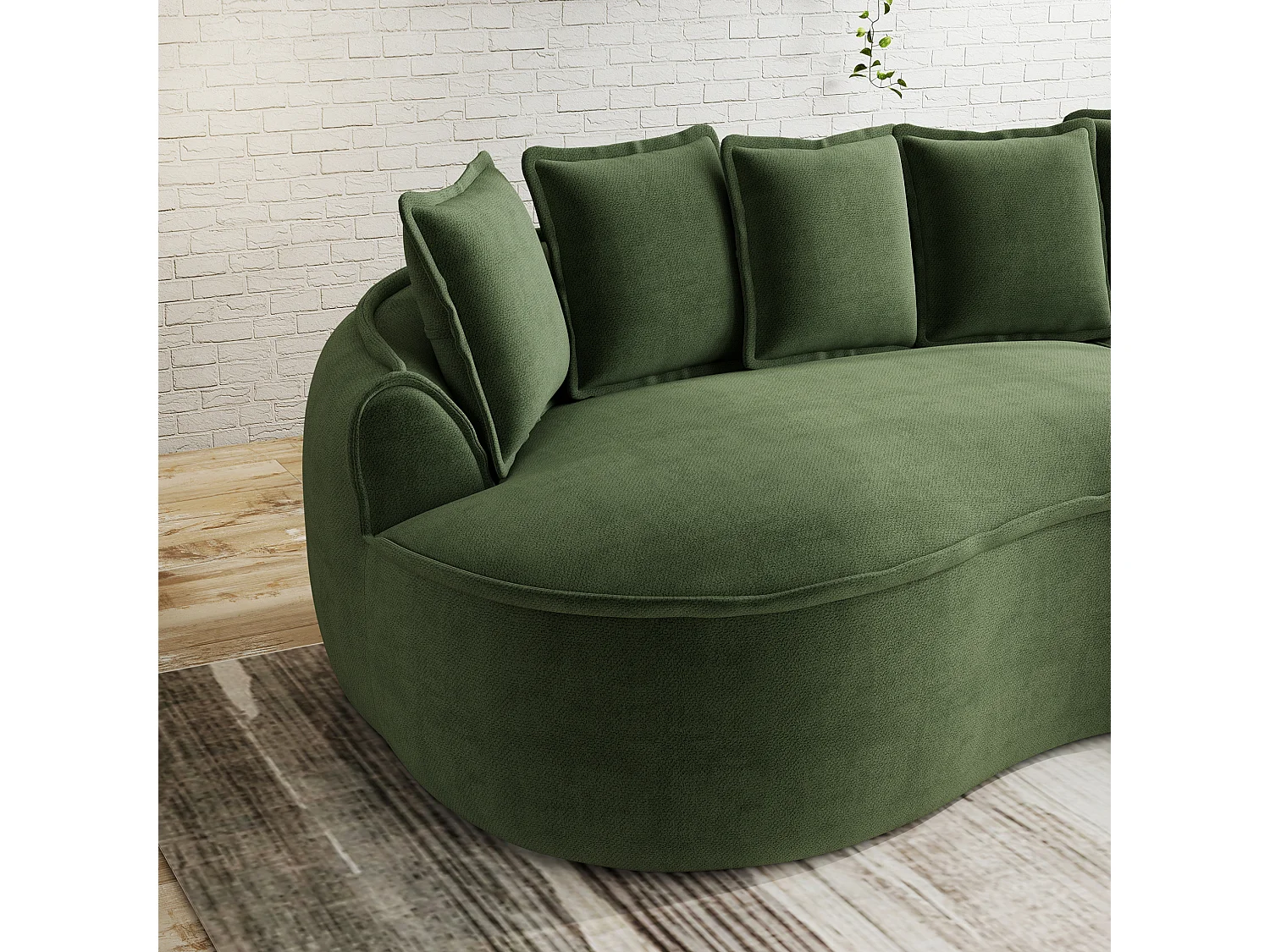 3-osobowa sofa narożna prawostronna z poduszkami oparciowymi i głębokim siedziskiem, z zielonej tkaniny szenilowej, 252 × 164 × 67 cm