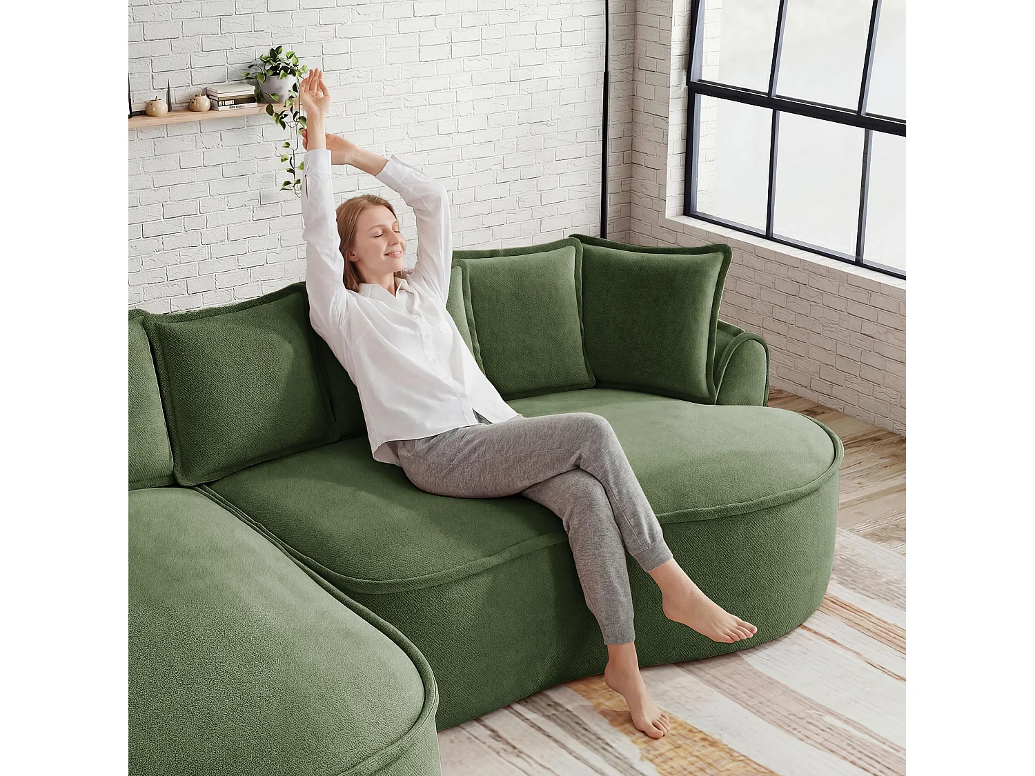 3-osobowa sofa narożna prawostronna z poduszkami oparciowymi i głębokim siedziskiem, z zielonej tkaniny szenilowej, 252 × 164 × 67 cm
