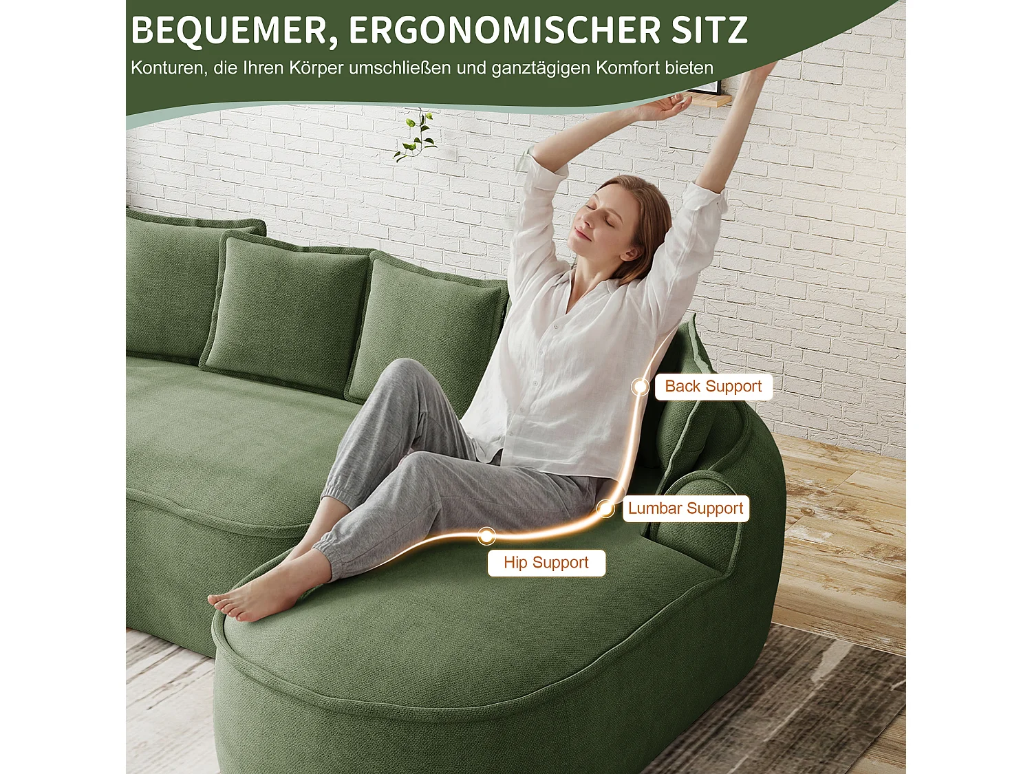 3-osobowa sofa narożna prawostronna z poduszkami oparciowymi i głębokim siedziskiem, z zielonej tkaniny szenilowej, 252 × 164 × 67 cm