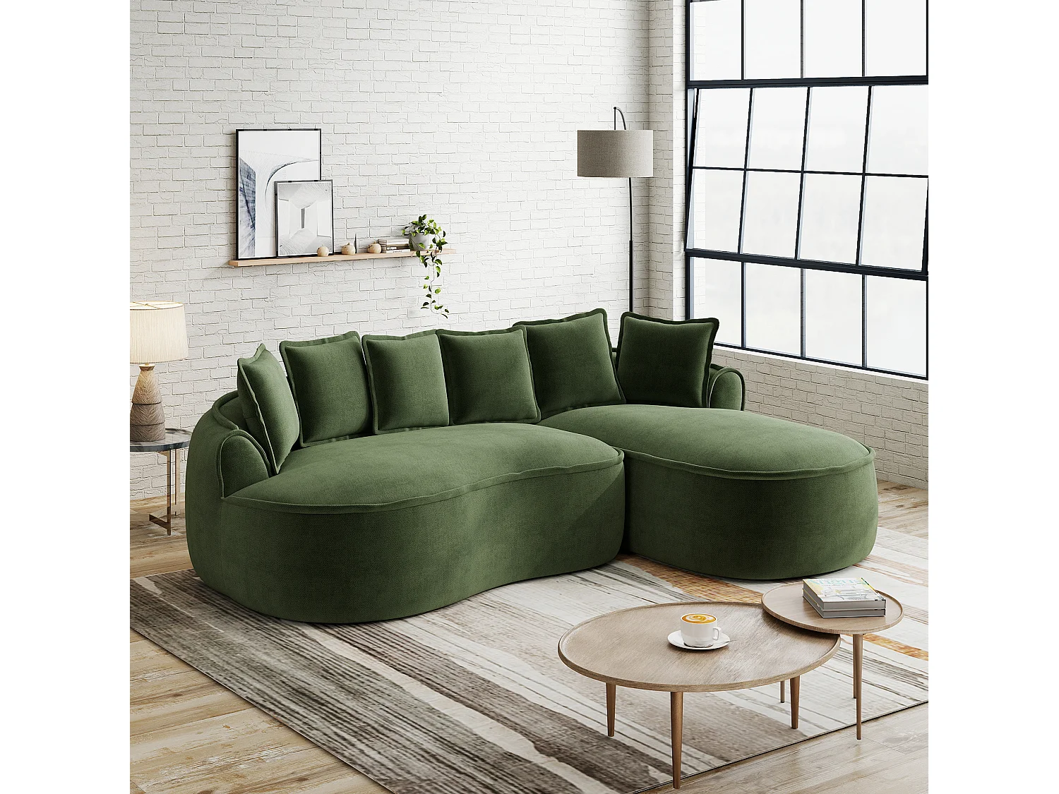 3-osobowa sofa narożna z poduszkami oparciowymi i głębokim siedziskiem, z zielonej tkaniny szenilowej, lewostronna, 252 × 164 × 67 cm