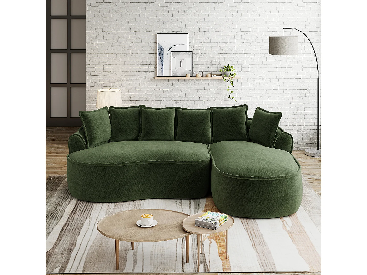 3-osobowa sofa narożna z poduszkami oparciowymi i głębokim siedziskiem, z zielonej tkaniny szenilowej, lewostronna, 252 × 164 × 67 cm