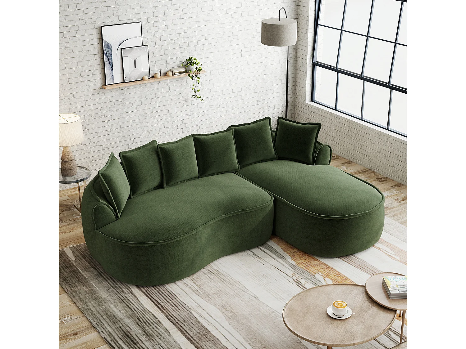 3-osobowa sofa narożna z poduszkami oparciowymi i głębokim siedziskiem, z zielonej tkaniny szenilowej, lewostronna, 252 × 164 × 67 cm