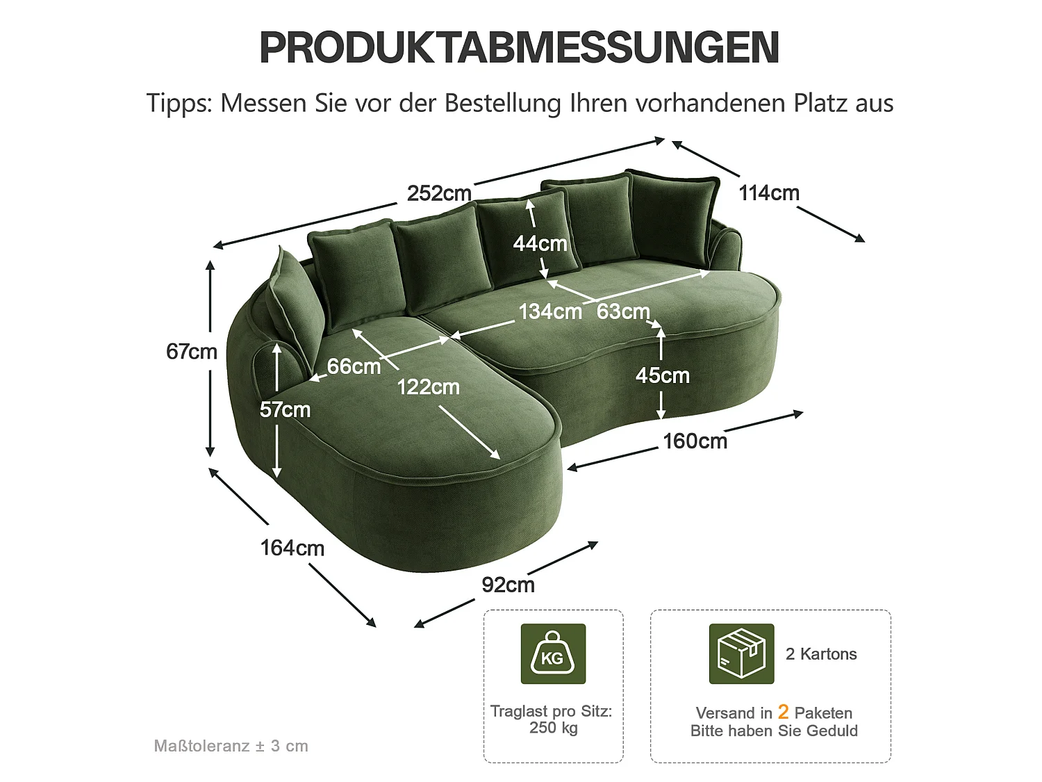 3-osobowa sofa narożna z poduszkami oparciowymi i głębokim siedziskiem, z zielonej tkaniny szenilowej, lewostronna, 252 × 164 × 67 cm