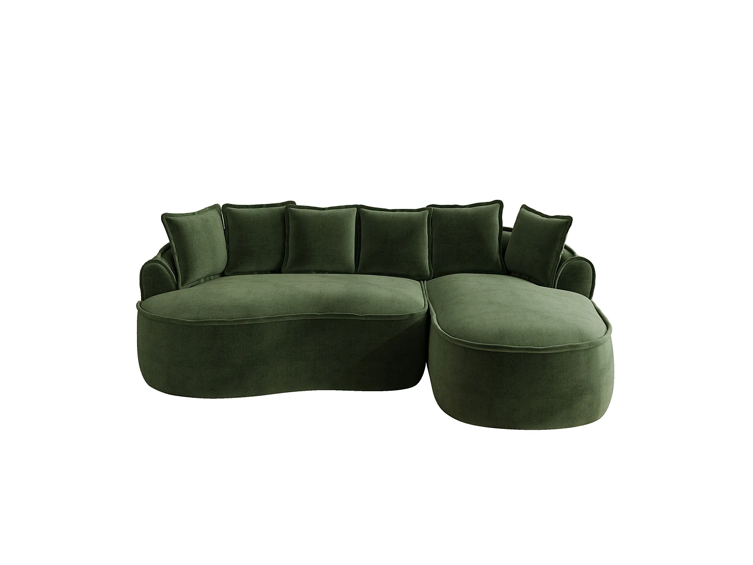 3-osobowa sofa narożna z poduszkami oparciowymi i głębokim siedziskiem, z zielonej tkaniny szenilowej, lewostronna, 252 × 164 × 67 cm