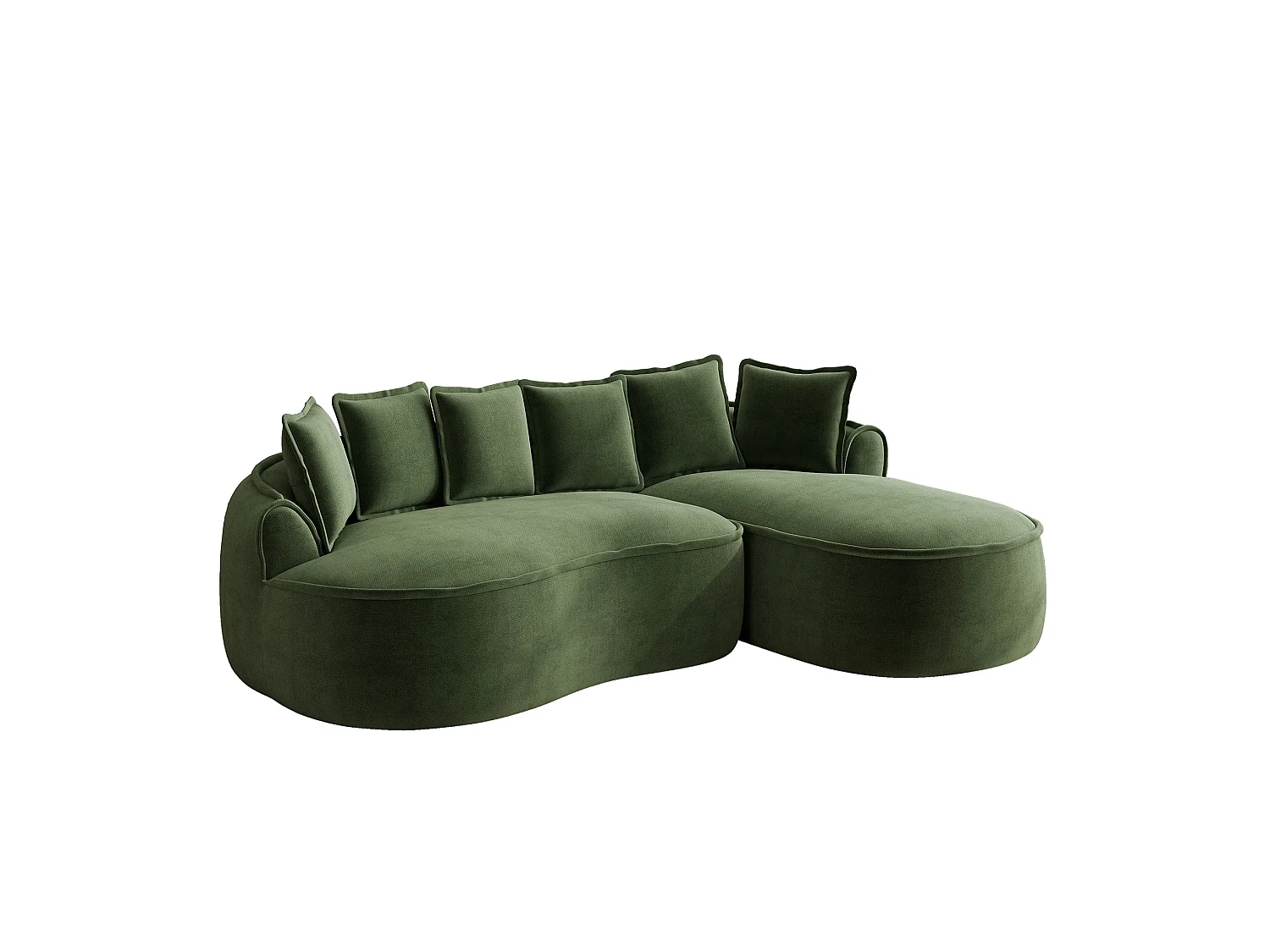 3-osobowa sofa narożna z poduszkami oparciowymi i głębokim siedziskiem, z zielonej tkaniny szenilowej, lewostronna, 252 × 164 × 67 cm