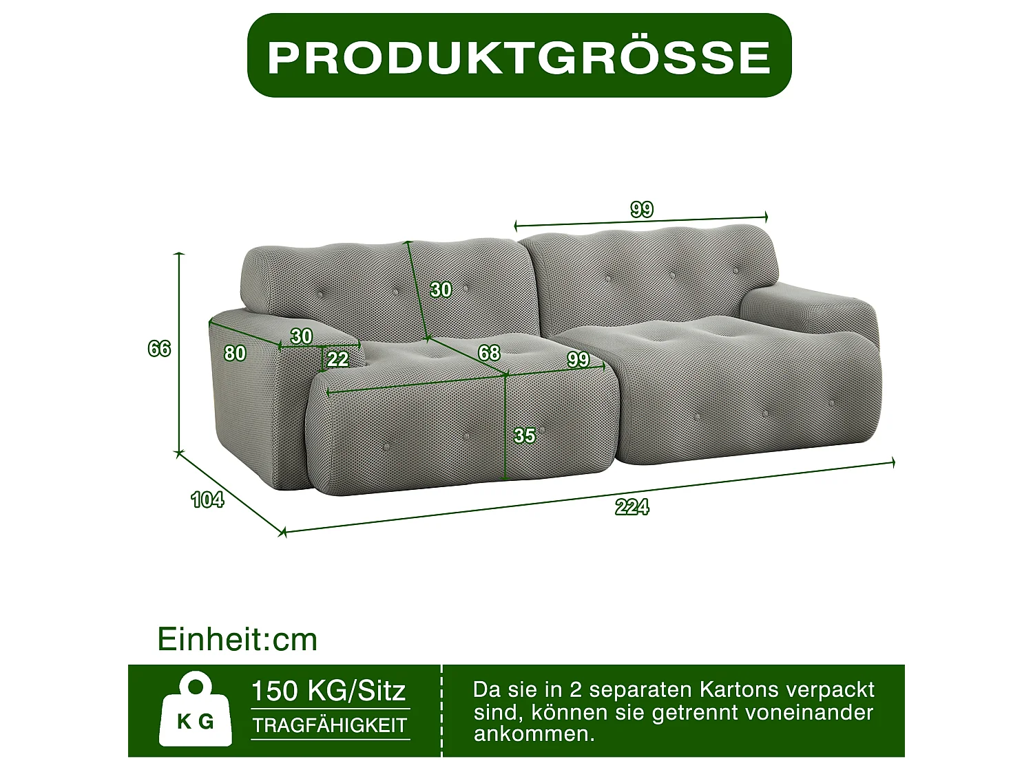 2-Sitzer-Stoffsofa mit breiten Armlehnen, modernes Design, Grau
