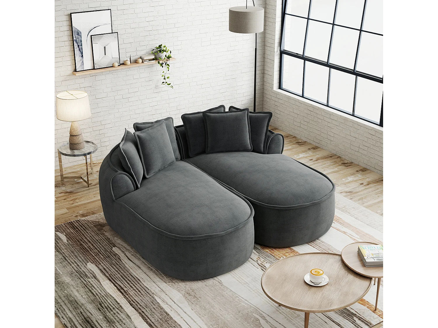Canapé modulable 2 places avec coussins de dossier, en chenille, gris, 184x164x92 cm