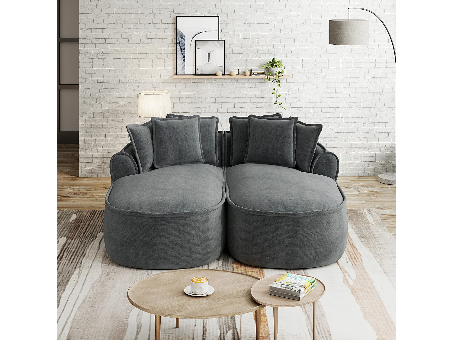 Canapé modulable 2 places avec coussins de dossier, en chenille, gris, 184x164x92 cm