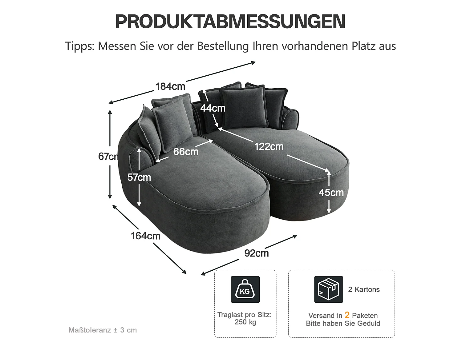 Canapé modulable 2 places avec coussins de dossier, en chenille, gris, 184x164x92 cm