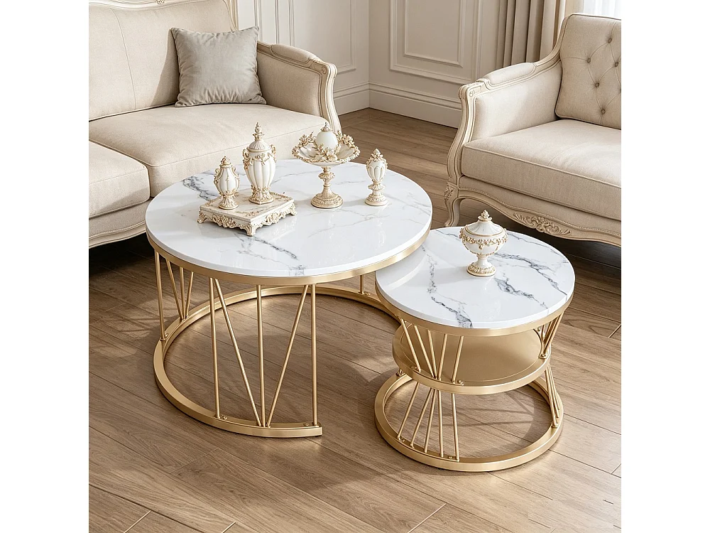 Tables à café - 2pcs ensemble avec haut de placage de marbre haut brillant et cadre en métal - cadre en or