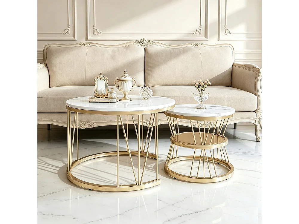 Tables à café - 2pcs ensemble avec haut de placage de marbre haut brillant et cadre en métal - cadre en or