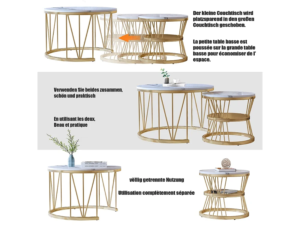 Tables à café - 2pcs ensemble avec haut de placage de marbre haut brillant et cadre en métal - cadre en or