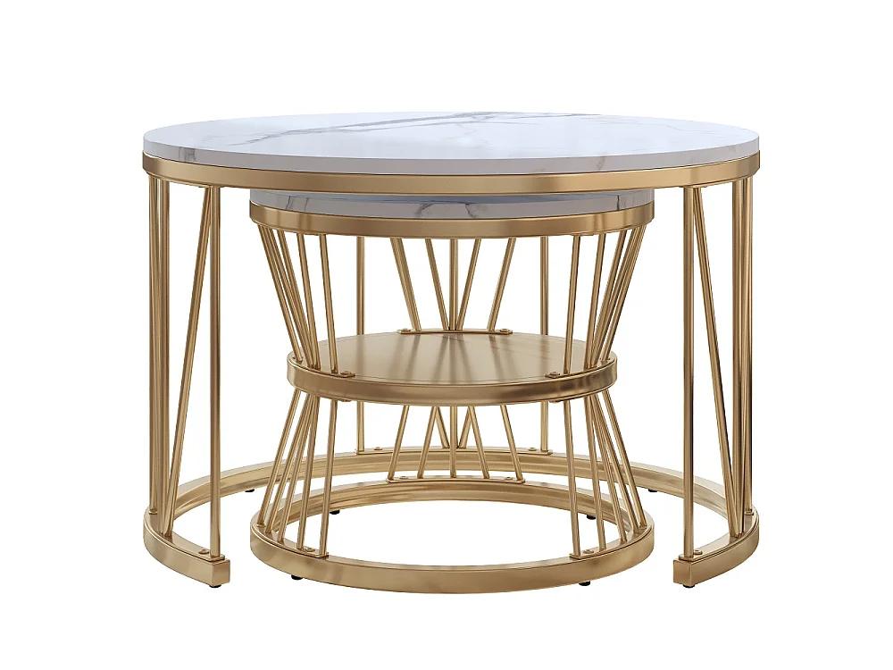 Tables à café - 2pcs ensemble avec haut de placage de marbre haut brillant et cadre en métal - cadre en or